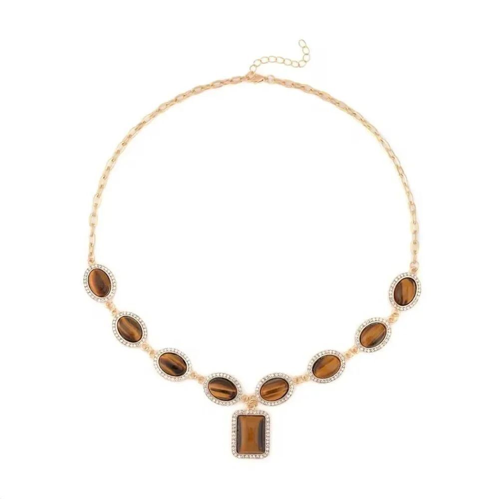 Yellow Tiger's Eye and White Austrian Crystal Adjustable Necklace 90.00 ctw New